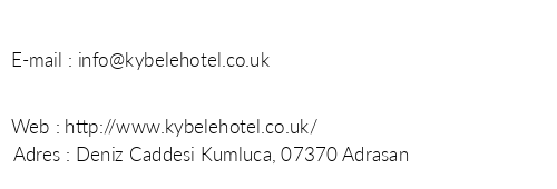Kybele Hotel Adrasan telefon numaralar, faks, e-mail, posta adresi ve iletiim bilgileri